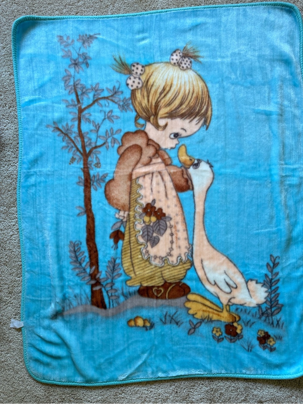Vintage Precious Moments Girl and Goose Blue Plush Baby Blanket